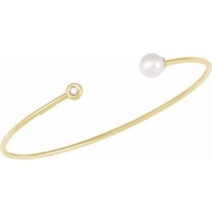 14K Yellow Cultured White Freshwater Pearl & .03 CT Natural Diamond Cuff 7 Bracelet
