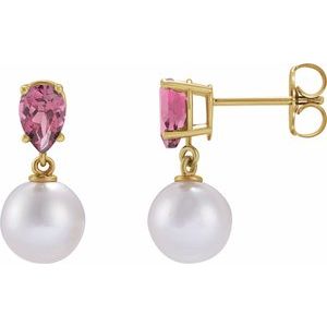 14K Yellow Cultured White Akoya Pearl & Natural Pink Tourmaline Earrings