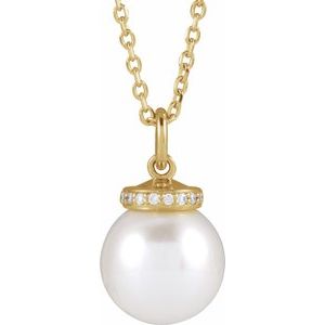 14K Yellow Cultured White Akoya Pearl & .04 CTW Natural Diamond 16-18 Necklace