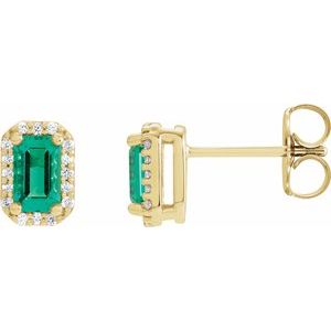 14K Yellow Lab-Grown Emerald & .07 CTW Natural Diamond Halo-Style Earrings
