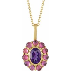 14K Yellow Natural Amethyst & Natural Rhodolite Garnet Halo-Style 16-18 Necklace