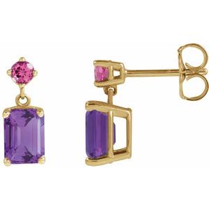 14K Yellow Natural Amethyst & Natural Pink Tourmaline Dangle Earrings