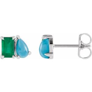 14K White Lab-Grown Emerald & Natural Turquoise Two-Stone Stud Earrings