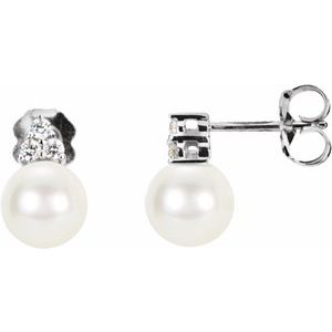 14K White Cultured White Freshwater Pearl & 1/10 CTW Natural Diamond Earrings