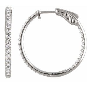 14K White 1 CTW Natural Diamond Inside-Outside 26.5 mm Hinged Hoop Earrings