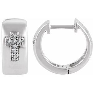 Sterling Silver .05 CTW Natural Diamond Cross 11.3 mm Hoop Earrings