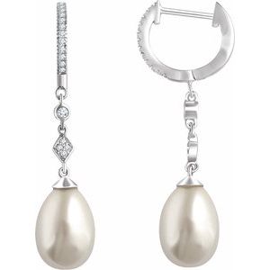 14K White Cultured White Freshwater Pearl & 1/6 CTW Natural Diamond Earrings