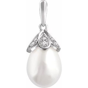 14K White Cultured White Freshwater Pearl & 1/8 CTW Natural Diamond Pendant