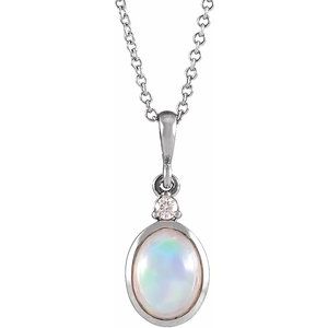 14K White 6x4 mm Natural Ethiopian Opal & .015 CT Natural Diamond 16-18" Necklace