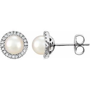 14K White Cultured White Freshwater Pearl & 1/8 CTW Natural Diamond Earrings