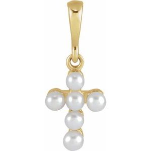 14K Yellow Cultured White Seed Pearl Youth Cross Pendant