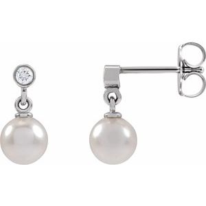 14K White Cultured White Akoya Pearl & .06 CTW Natural Diamond Earrings