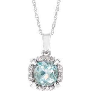 14K White Natural Aquamarine & .04 CTW Natural Diamond 18" Necklace