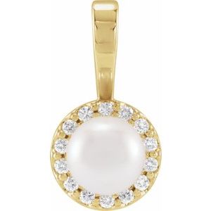 14K Yellow Cultured White Akoya Pearl  & 1/10 CTW Natural Diamond Pendant