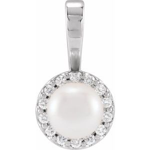 14K White Cultured White Akoya Pearl  & 1/8 CTW Natural Diamond Pendant