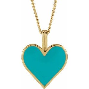 14K Yellow Light Turquoise Enamel Heart 18" Necklace
