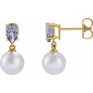 14K Yellow Cultured White Akoya Pearl & Natural Tanzanite Earrings