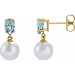 14K Yellow Cultured White Akoya Pearl & Natural Aquamarine Earrings
