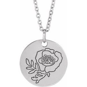 Sterling Silver Poppy August Birth Flower 16-18 Necklace