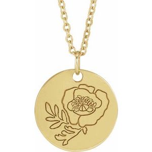 14K Yellow Poppy August Birth Flower 16-18 Necklace