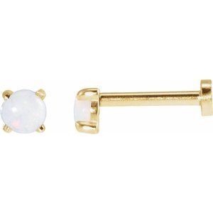 14K Yellow Cabochon Natural White Opal Stud Earrings