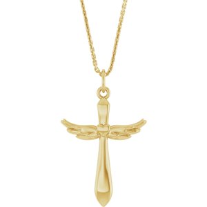 14K Yellow Angel Wings Heart Cross 18" Necklace