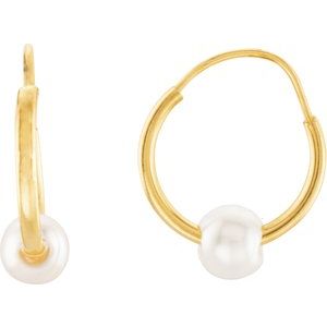 14K Yellow Cultured White Freshwater Pearl Hoop Earrings