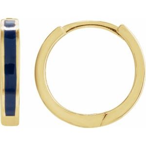 14K Yellow Blue Enamel Hinged 12.1 mm Hoop Earrings