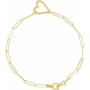 14K Yellow Heart & Paperclip-Style Chain 7 Bracelet