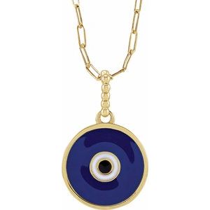 14K Yellow Blue Enamel Evil Eye 18 Necklace