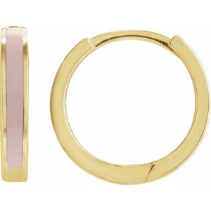 14K Yellow Pink Enamel Hinged 12.1 mm Hoop Earrings
