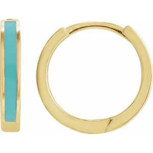 14K Yellow Turquoise Enamel Hinged 12.1 mm Hoop Earrings