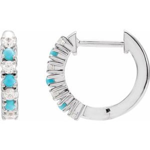 14K White Natural Turquoise & 1/3 CTW Natural Diamond Hoop Earrings