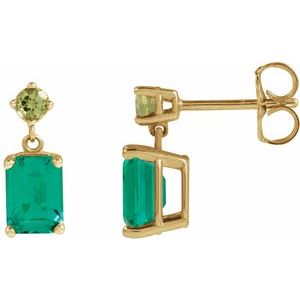 14K Yellow Lab-Grown Emerald & Natural Peridot Dangle Earrings