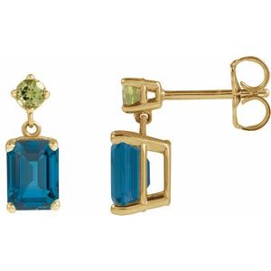 14K Yellow Natural London Blue Topaz & Natural Peridot Dangle Earrings
