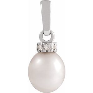 14K White Cultured White Freshwater Pearl & .08 CTW Natural Diamond Pendant