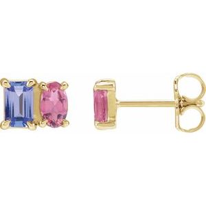 14K Yellow Natural Tanzanite & Natural Pink Tourmaline Two-Stone Stud Earrings