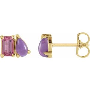 14K Yellow Natural Pink Tourmaline & Natural Amethyst Two-Stone Stud Earrings
