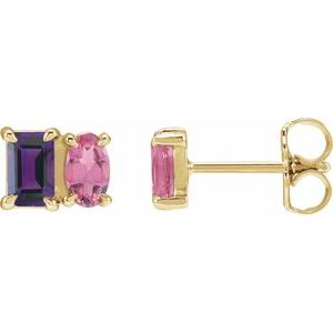 14K Yellow Natural Amethyst & Natural Pink Tourmaline Two-Stone Stud Earrings