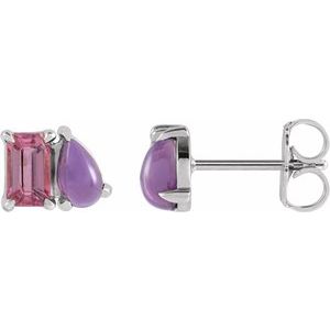 14K White Natural Pink Tourmaline & Natural Amethyst Two-Stone Stud Earrings