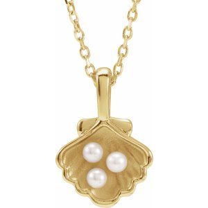 14K Yellow 3-Stone Cultured White Seed Pearl Family Shell 16-18 Necklace