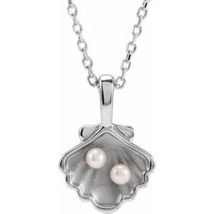 Sterling Silver 2-Stone Cultured White Seed Pearl Family Shell 16-18" Necklace