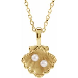14K Yellow 2-Stone Cultured White Seed Pearl Family Shell 16-18 Necklace