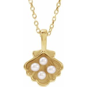14K Yellow 4-Stone Cultured White Seed Pearl Family Shell 16-18" Necklace