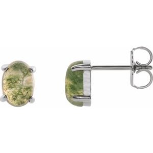 14K White 7x5 mm Oval Natural Moss Agate Earrings
