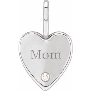 14K White .02 CT Natural Diamond Engraved MOM Heart Charm/Pendant