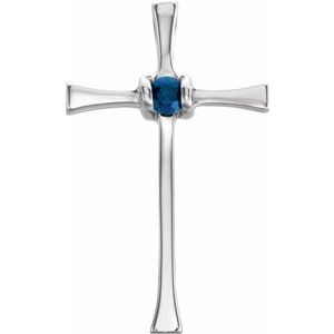 14K White Natural Blue Sapphire Cross Pendant