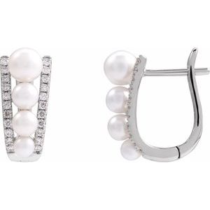 14K White Cultured White Freshwater Pearl & 1/4 CTW Natural Diamond Hoop Earrings
