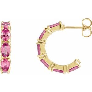 14K Yellow Natural Pink Tourmaline Hoop Earrings
