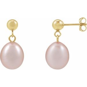 14K Yellow Cultured Pink Freshwater Pearl Earrings
